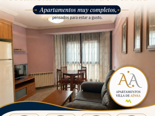 apartamentos turísticos Aínsa, apartamentos completos Aínsa, alojamiento en Aínsa, cocina equipada, lavavajillas y lavadora, climatización frío y calor, ropa de cama y toallas incluidas, escapada a Aínsa, reserva directa, Apartamentos Villa de Aínsa