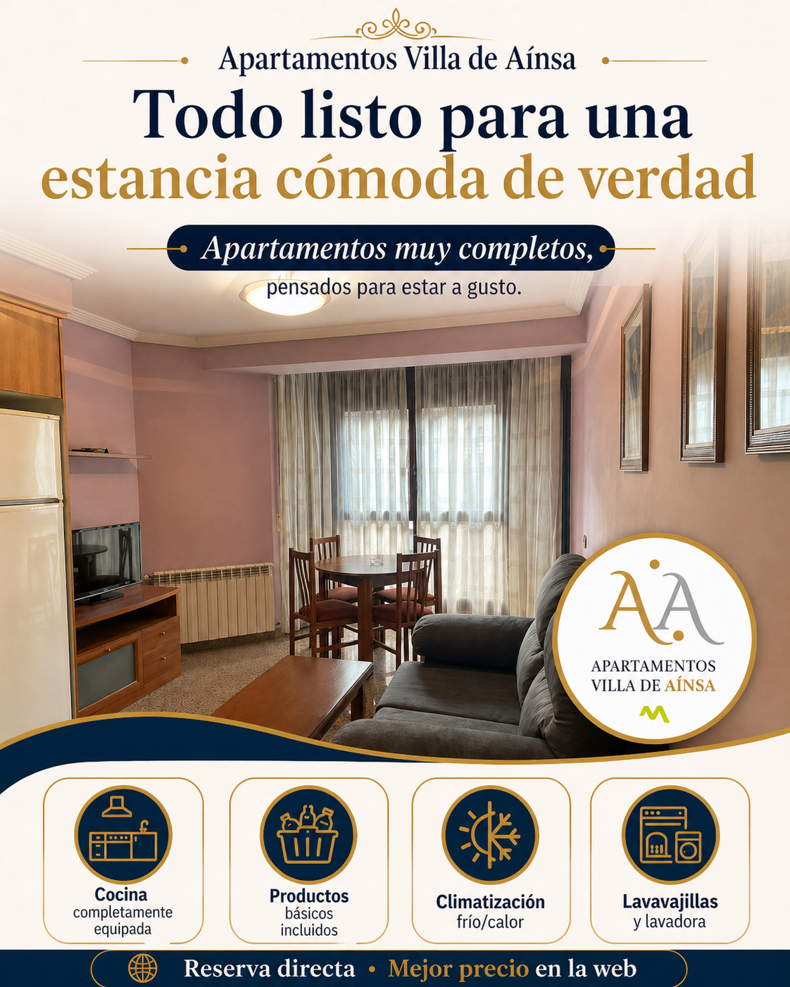 apartamentos turísticos Aínsa, apartamentos completos Aínsa, alojamiento en Aínsa, cocina equipada, lavavajillas y lavadora, climatización frío y calor, ropa de cama y toallas incluidas, escapada a Aínsa, reserva directa, Apartamentos Villa de Aínsa