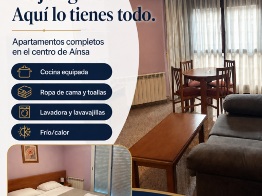 Viaja ligero. Aquí lo tienes todo. Apartamentos turísticos completos en el centro de Aínsa